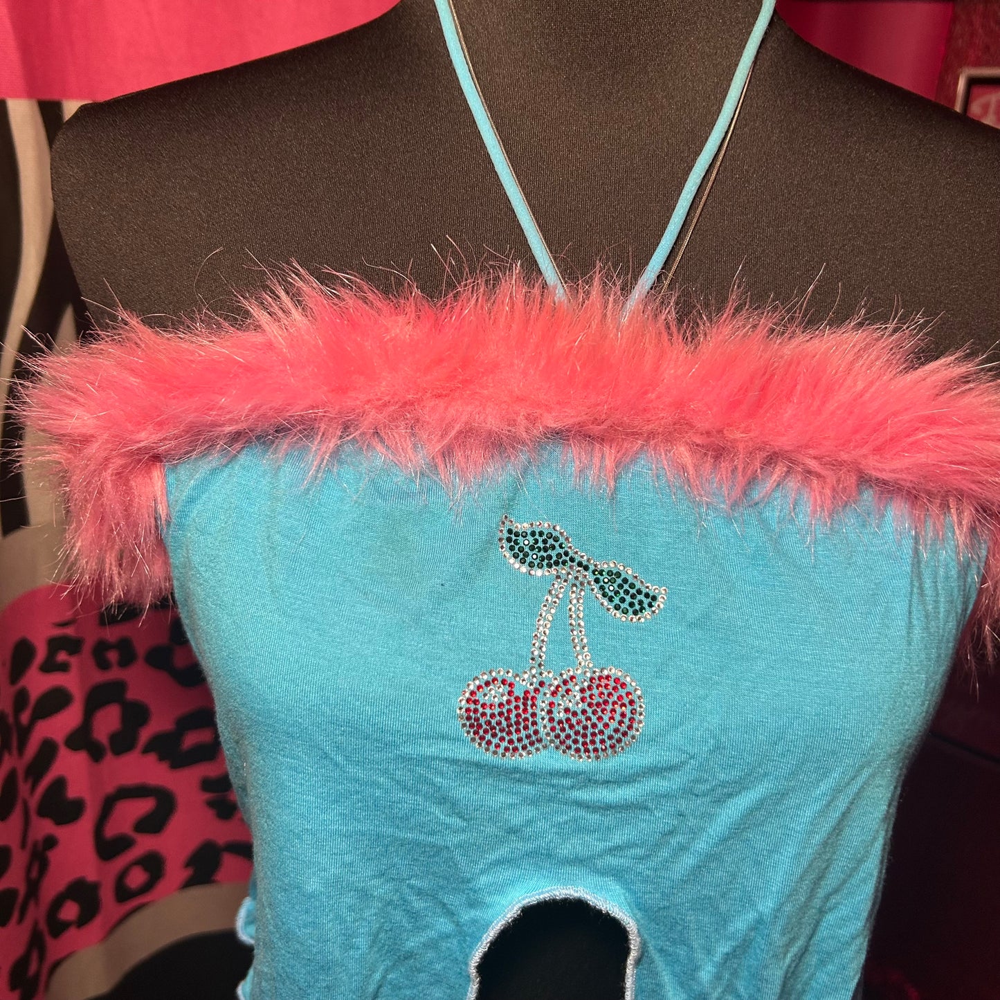 (XL) Y2K Blue Cherries Fur Halter Top