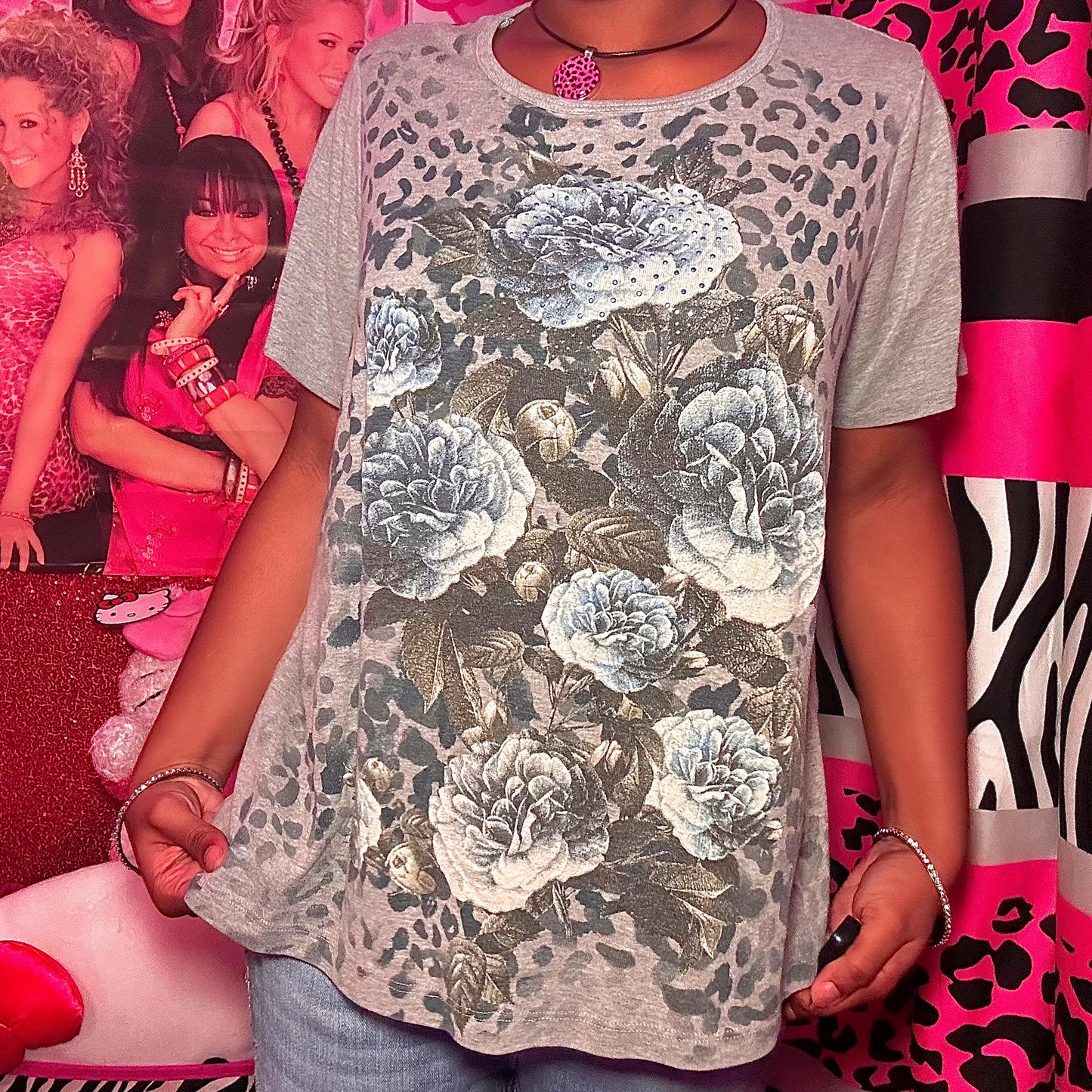 (2X) Y2K Leopard Roses Top