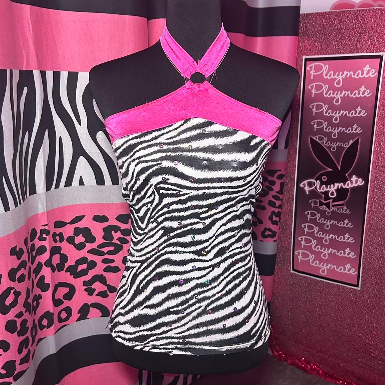(M) Y2K Pink Zebra Halter Top