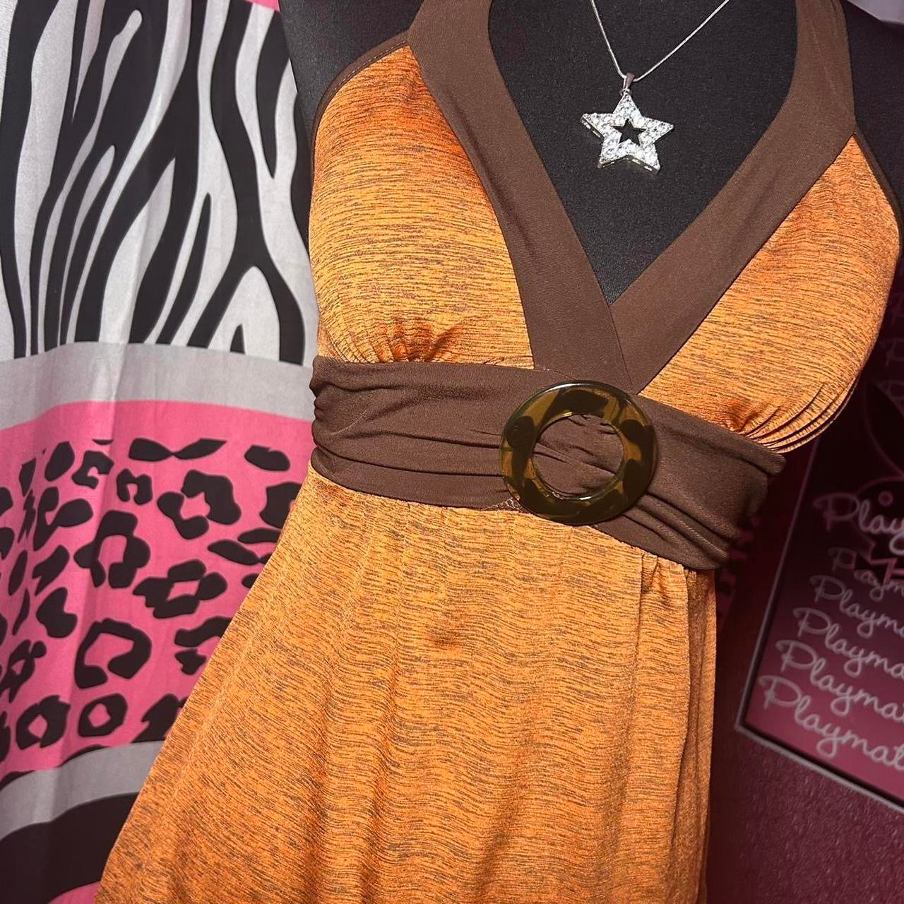 (M) Y2K Orange & Brown Babydoll Top