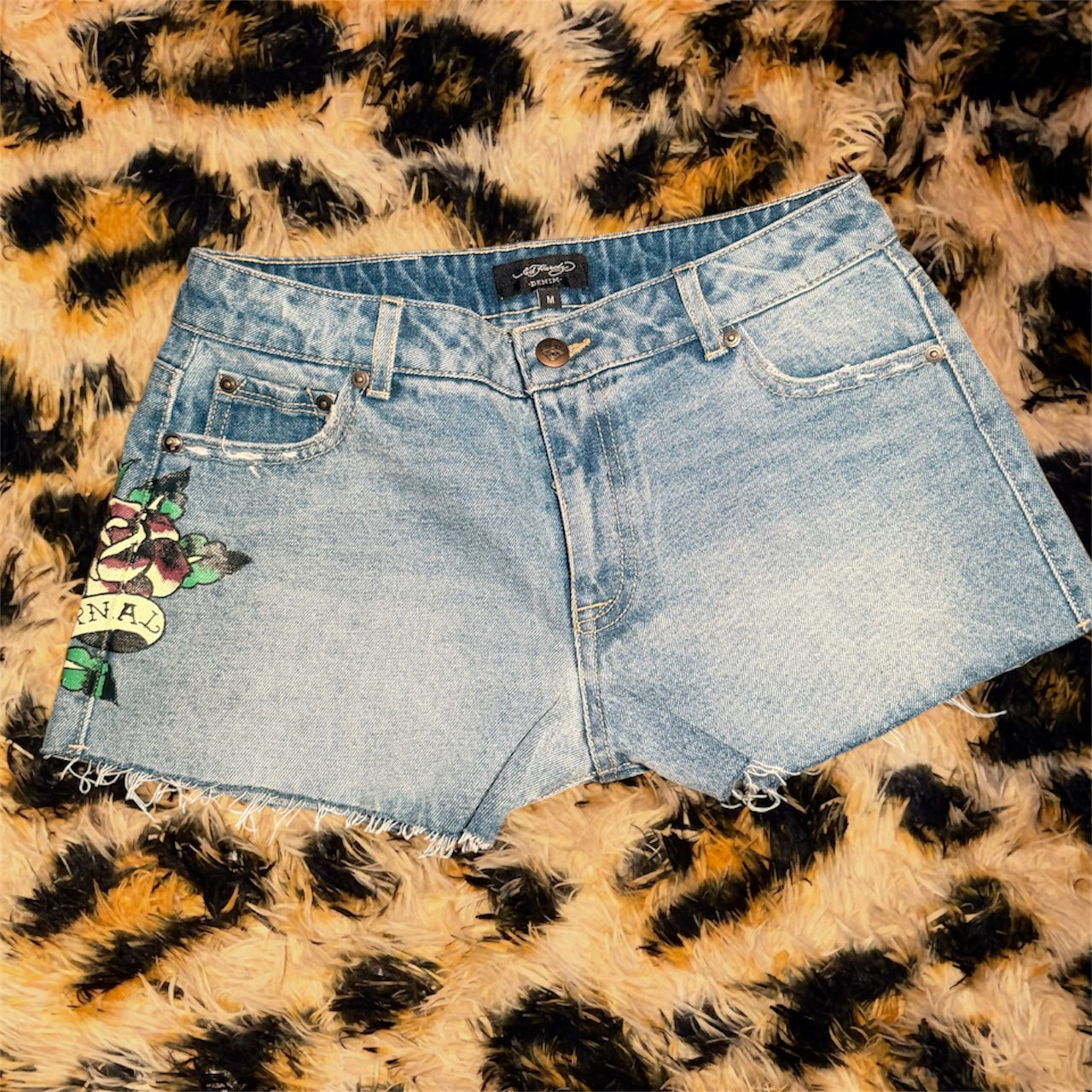 2000s Ed Hardy blue denim shorts