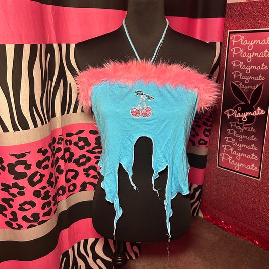 (XL) Y2K Blue Cherries Fur Halter Top