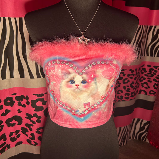 (L) Y2K pink kitten fur tube top