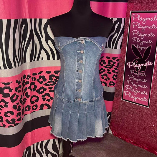 (L) 2000s Denim Pleated Dress