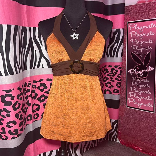 (M) Y2K Orange & Brown Babydoll Top